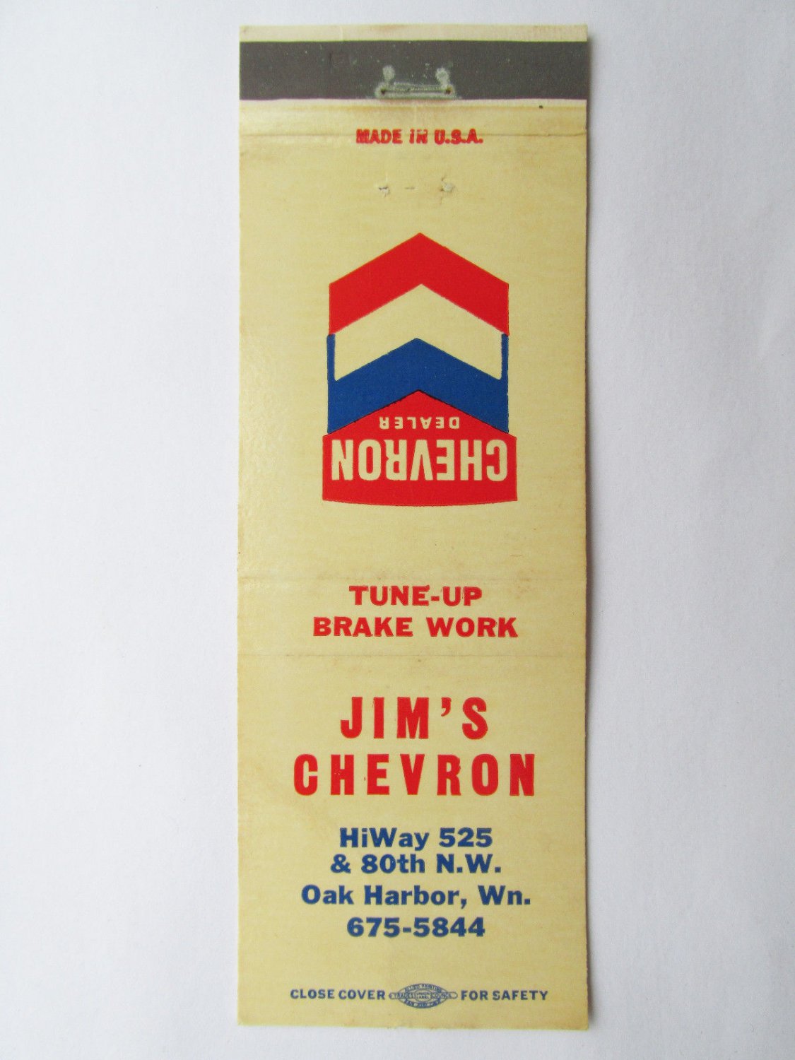 Jim's Chevron - Oak Harbor, Washington Service Station Matchbook Match Cover WA