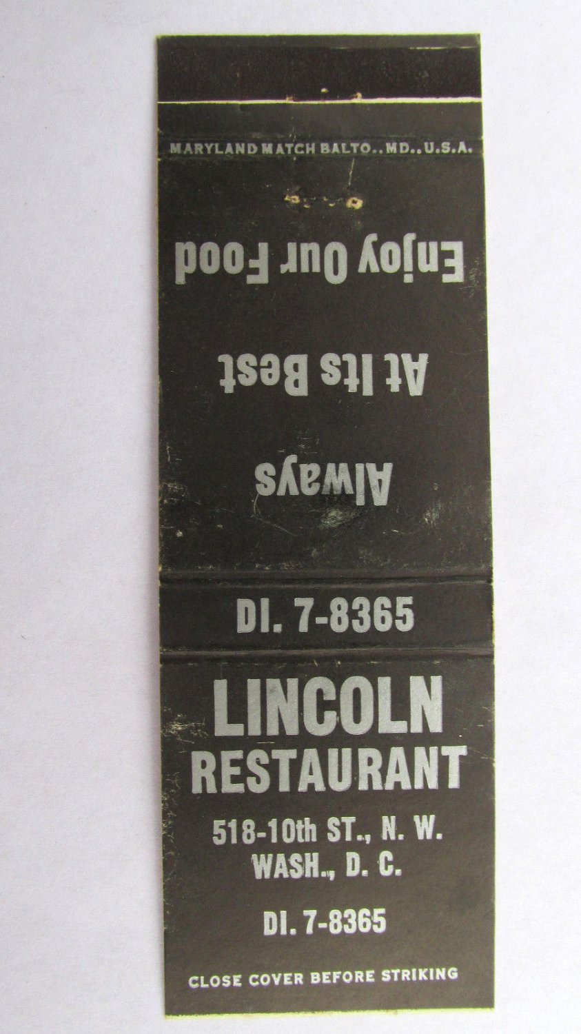 Lincoln Restaurant - Washington, DC 20 Strike Matchbook Cover ...