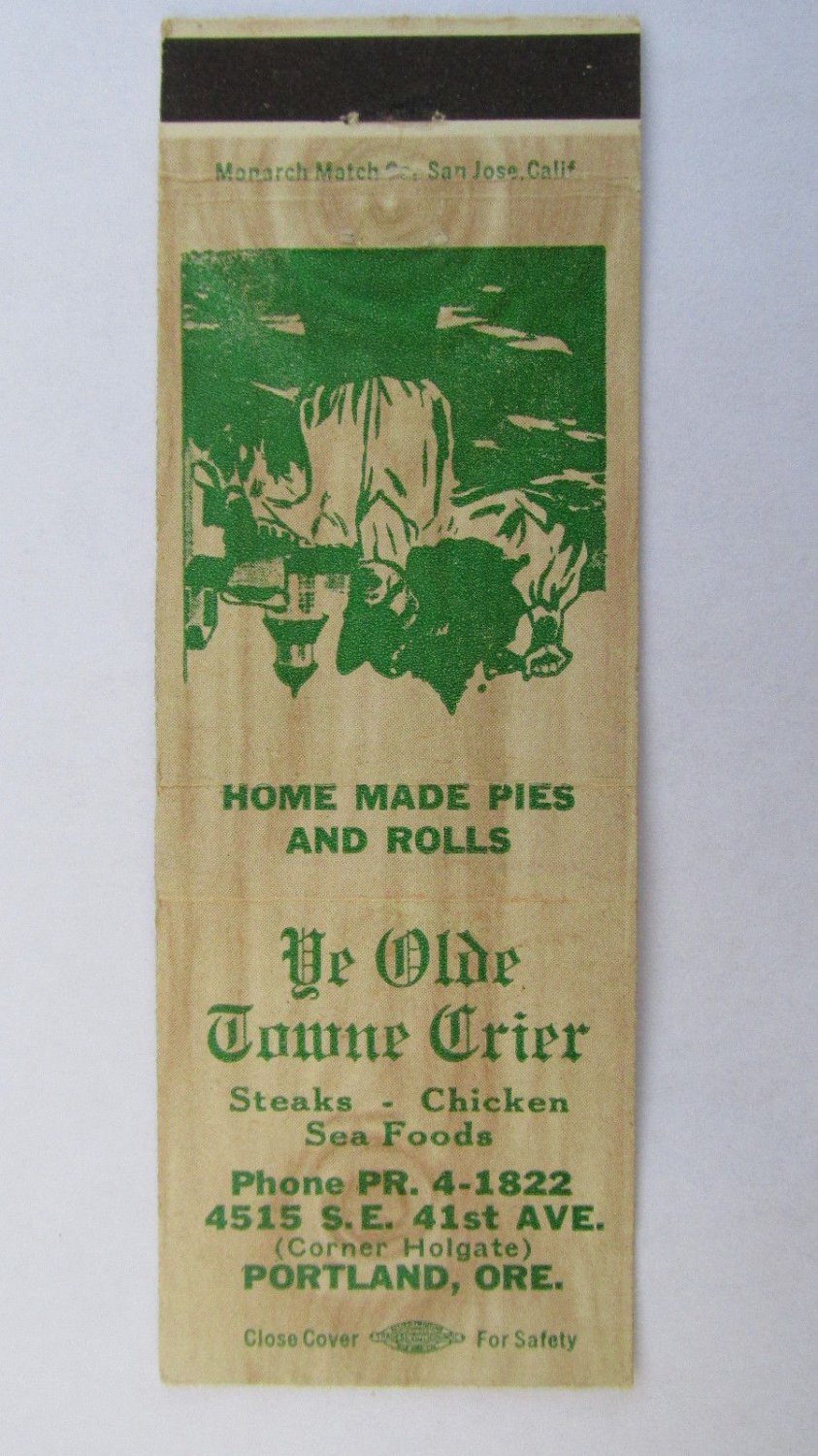 Ye Olde Towne Crier - Portland, Oregon Restaurant 20 Strike Matchbook Cover OR