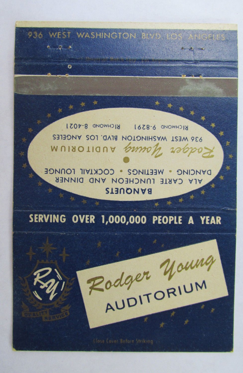 Rodger Young Auditorium - Los Angeles , California 40 Strike Matchbook ...