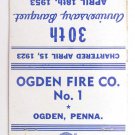 Ogden Fire Co. No. 1 Pennsylvania 1953 30thAnniversary 40 Strike Matchbook Cover Ogden Fire Co. No. 1 Pennsylvania 1953 30thAnniversary 40 Strike Matchbook Cover
