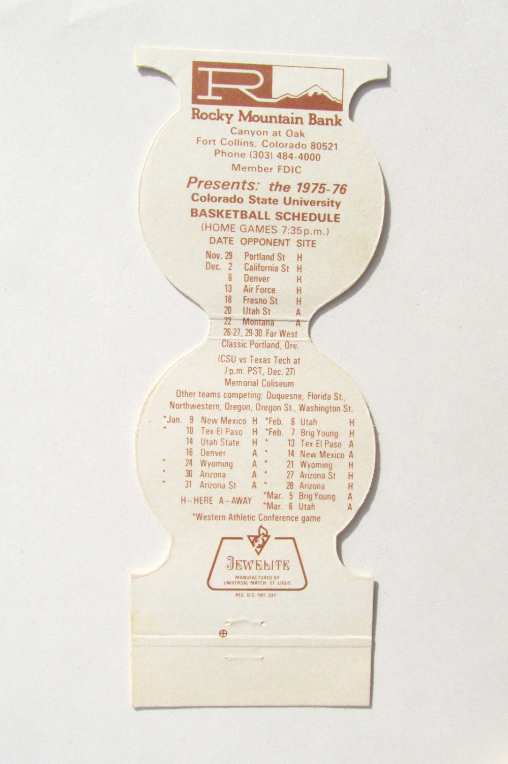 Colorado State University Rams 1975-76 Basketball Schedule Sport ...