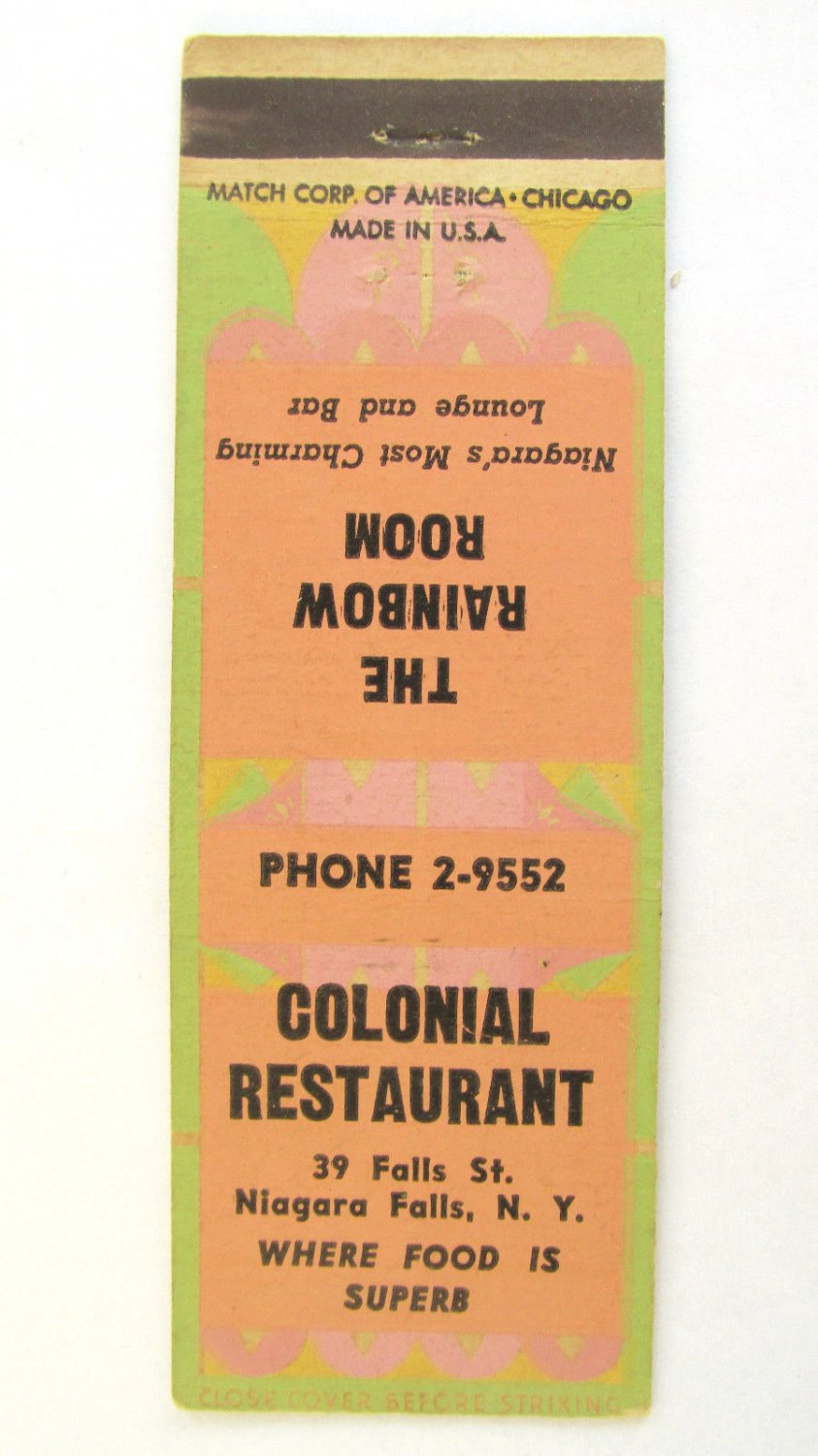 Colonial Restaurant - Niagara Falls, New York 20 Strike Matchbook Match Cover NY