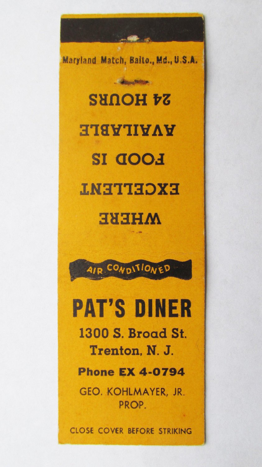 Pat's Diner - Trenton, New Jersey Restaurant 20 Strike Matchbook Match ...