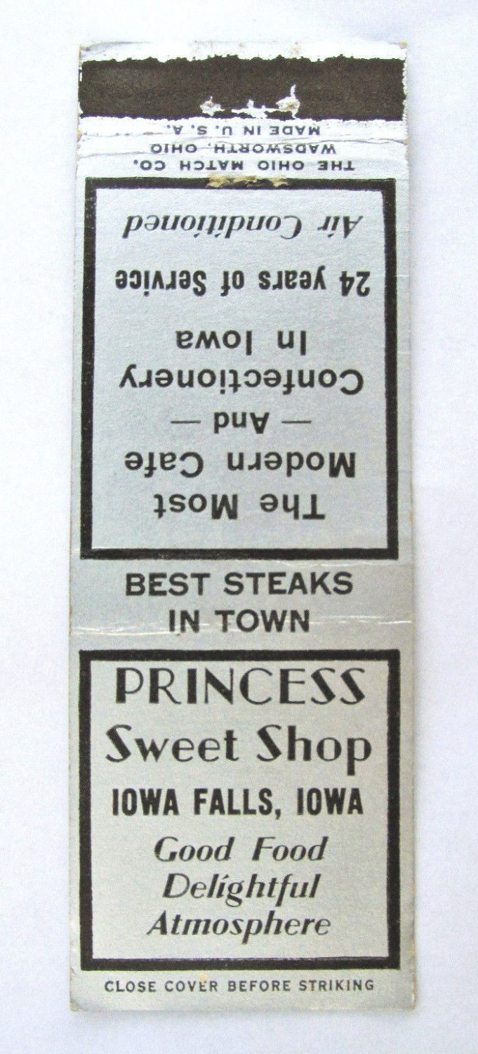 Princess Sweet Shop - Iowa, Falls, Iowa Restaurant 20 Strike Matchbook ...