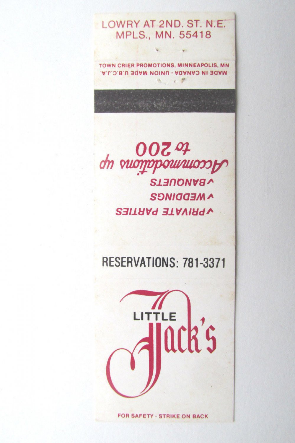 Little Jack's - Minneapolis, Minnesota Restaurant 20 Strike Matchbook ...