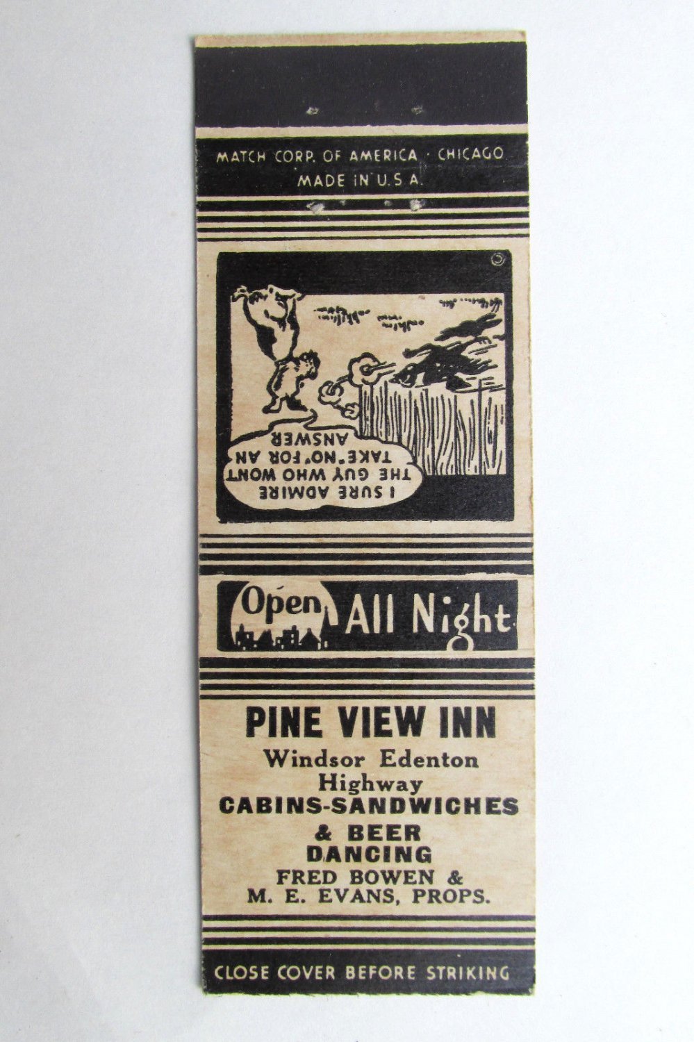 Pine View Inn - North Carolina? Restaurant 20 Strike Matchbook Cover Matchcover