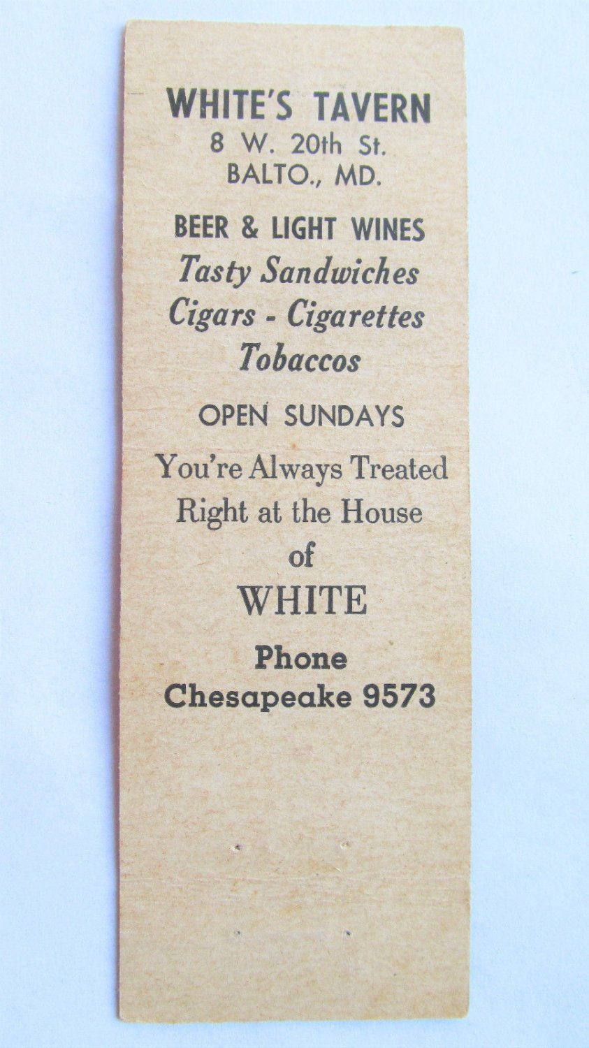 White's Tavern - Baltimore, Maryland Restaurant 20 Strike Matchbook ...