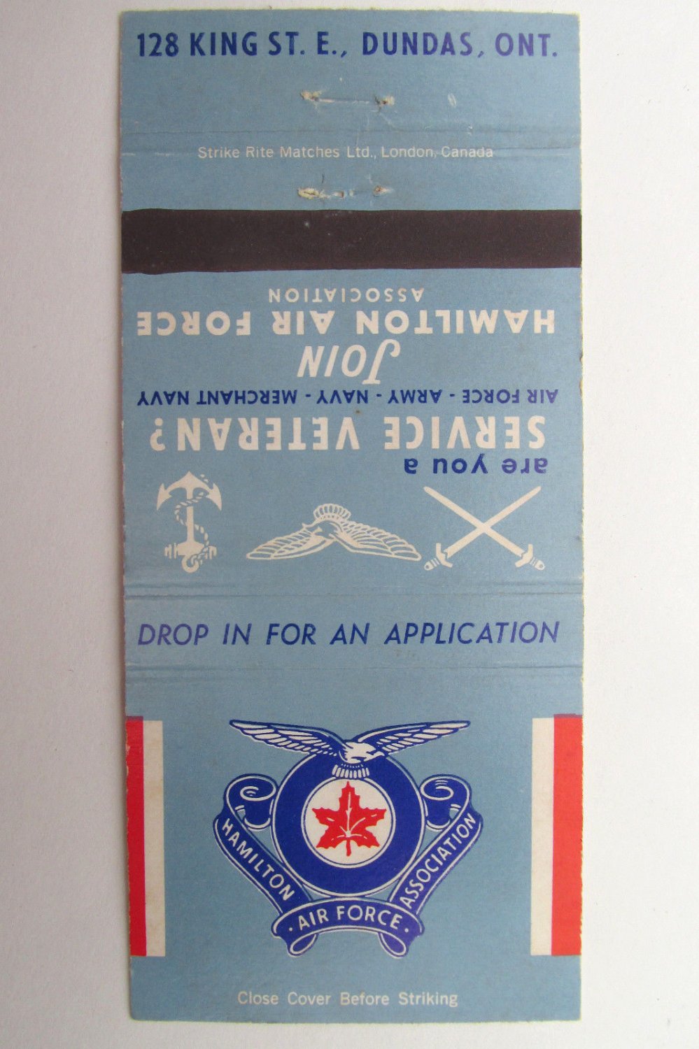 Hamilton Air Force Association - Dundas, Ontario Canada Military Matchbook Cover