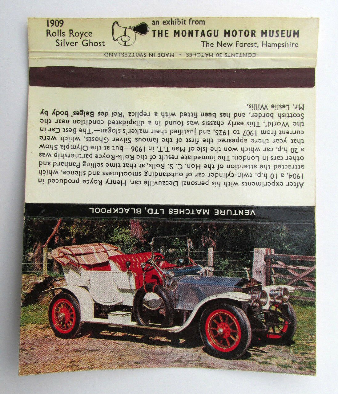 1909 Rolls Royce Silver Ghost - Montagu Motor Museum - Hampshire Matchbook Cover