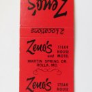 Zeno's Steak House - Rolla/Sullivan, Missouri Restaurant 20FS Matchbook Cover MO Zeno's Steak House - Rolla/Sullivan, Missouri Restaurant 20FS Matchbook Cover MO
