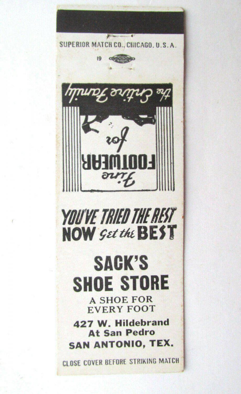 Sack's Shoe Store - San Antonio, Texas 20 Strike Matchbook Cover TX Matchcover