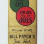 Bill Pryor's Top Hat Hamburg Shop - Battle Creek, Michigan 20FS Matchbook Cover