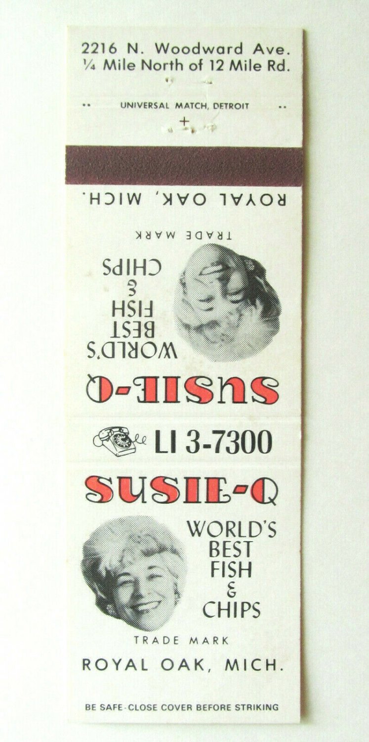 Susie-Q Fish & Chips Restaurant - Royal Oak, Michigan 20 Strike Matchbook Cover