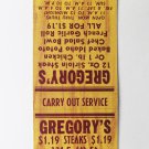 Gregory's - Cincinnati, Ohio Restaurant 20 Strike Matchbook Cover $1.19 Steaks