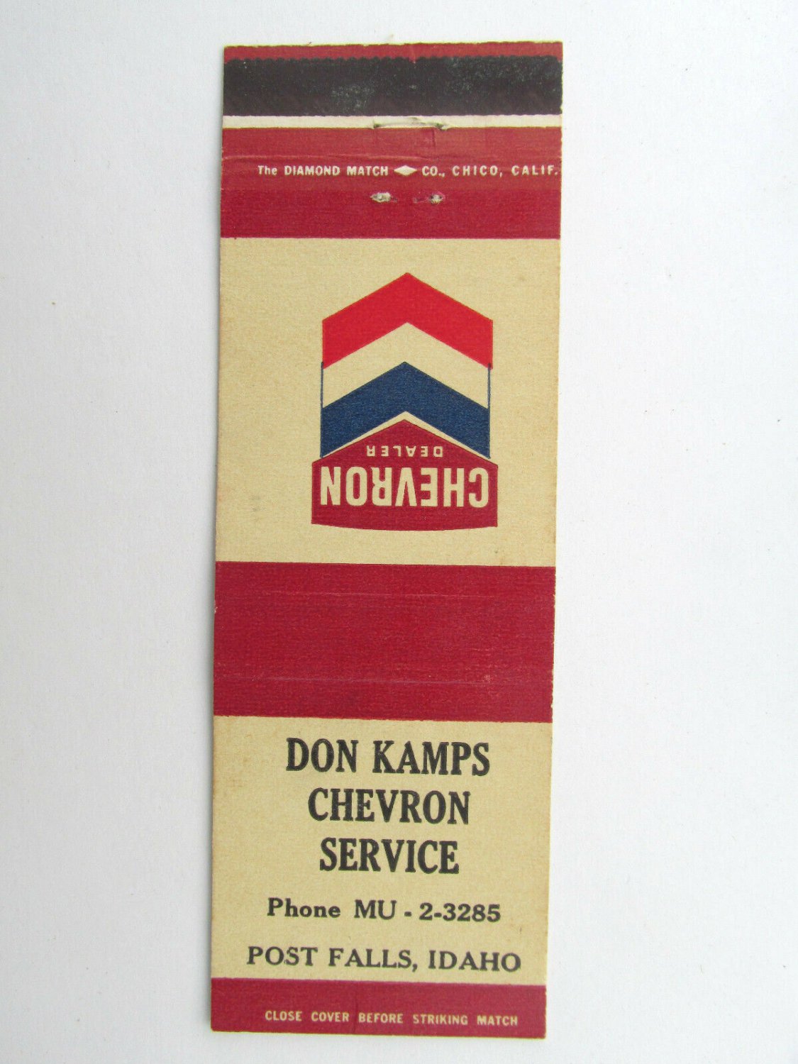 Don Kamp's Chevron Service - Post Falls, Idaho Station 20 Strike Matchbook Cover