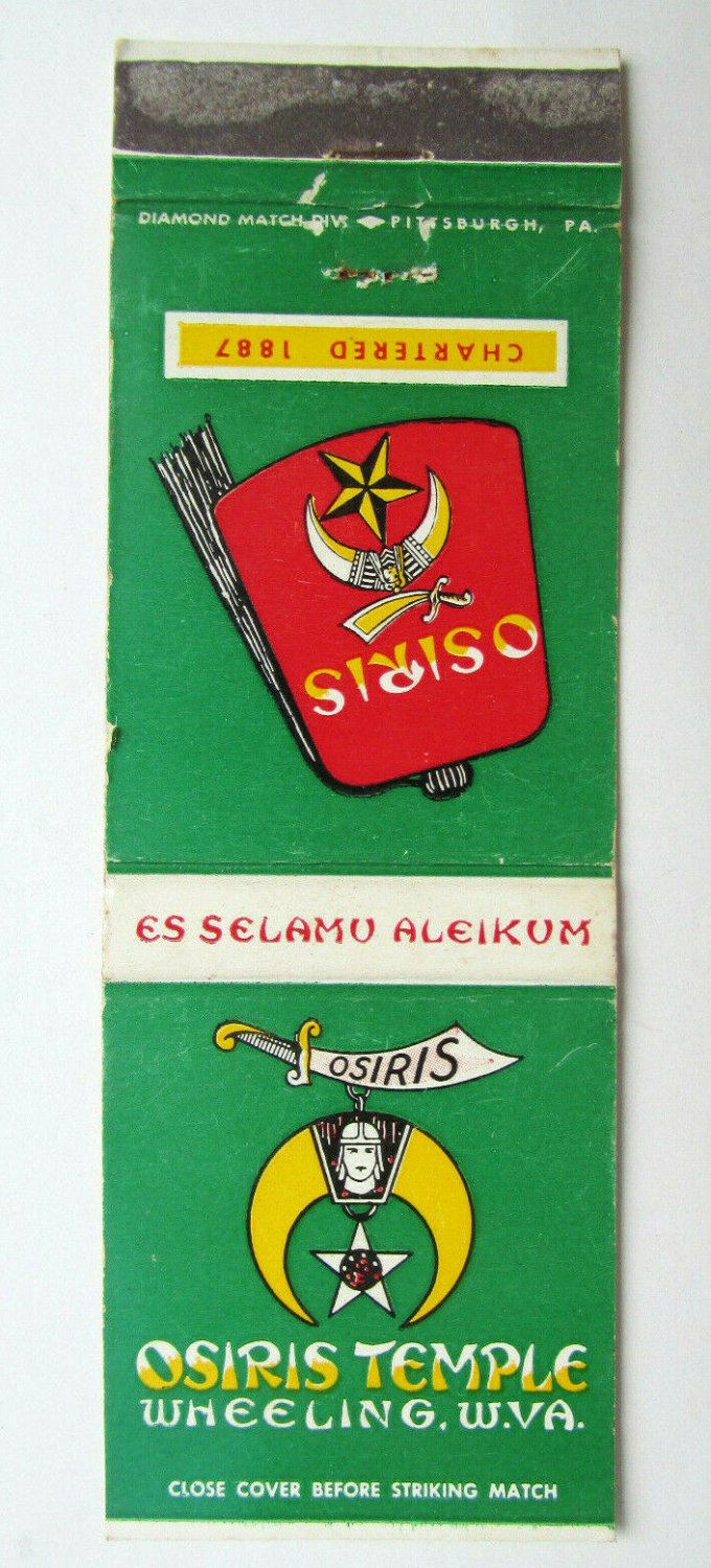 Osiris Temple - Wheeling, West Virginia 20 Strike Matchbook Cover WV Club