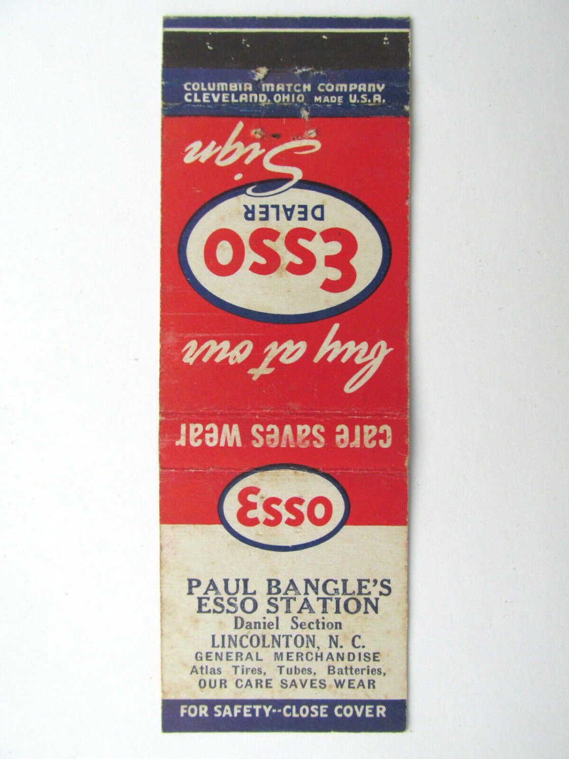 Paul Bangle's Esso Service Station - Lincolnton, North Carolina Matchbook Cover