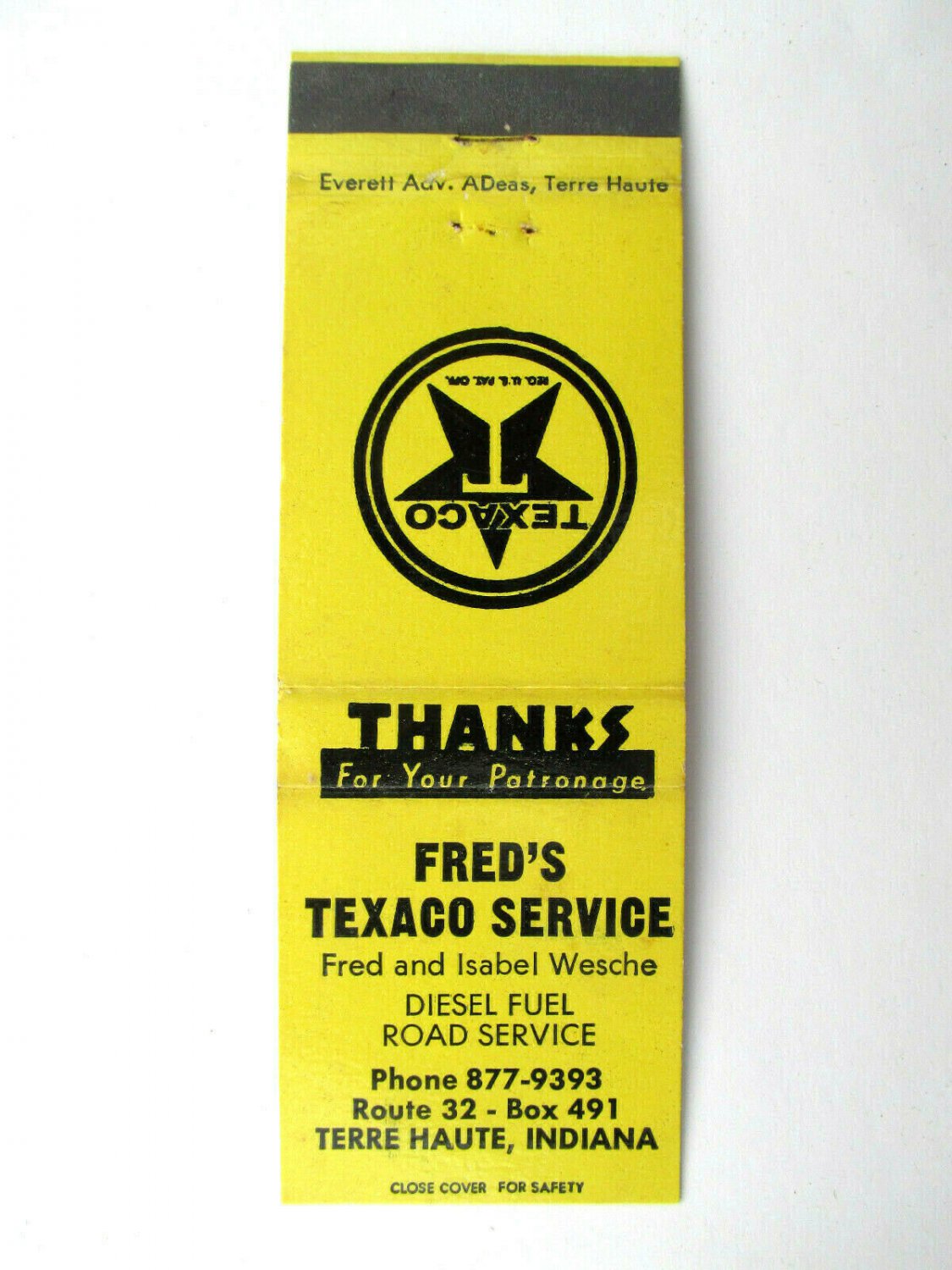Fred's Texaco Service - Terre Haute, Indiana Service Station Matchbook Cover IN