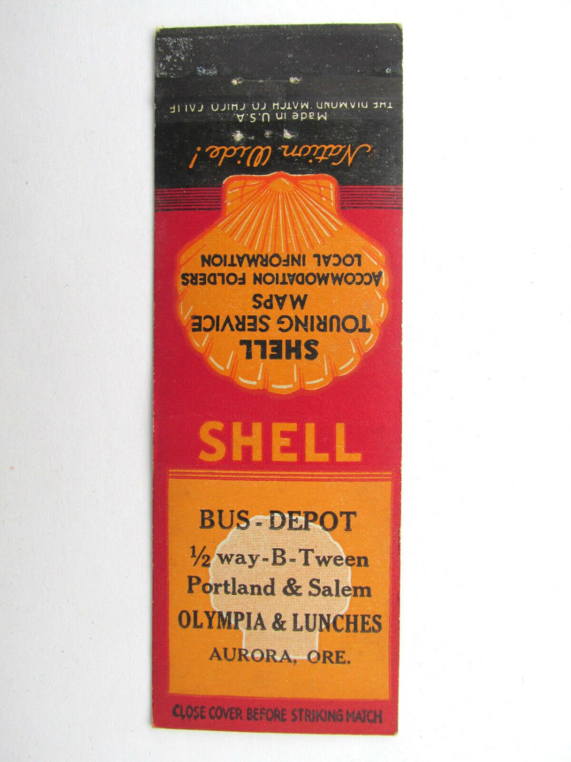 Bus-Depot Shell Olympia & Lunches Aurora, Oregon Service Station Matchbook Cover