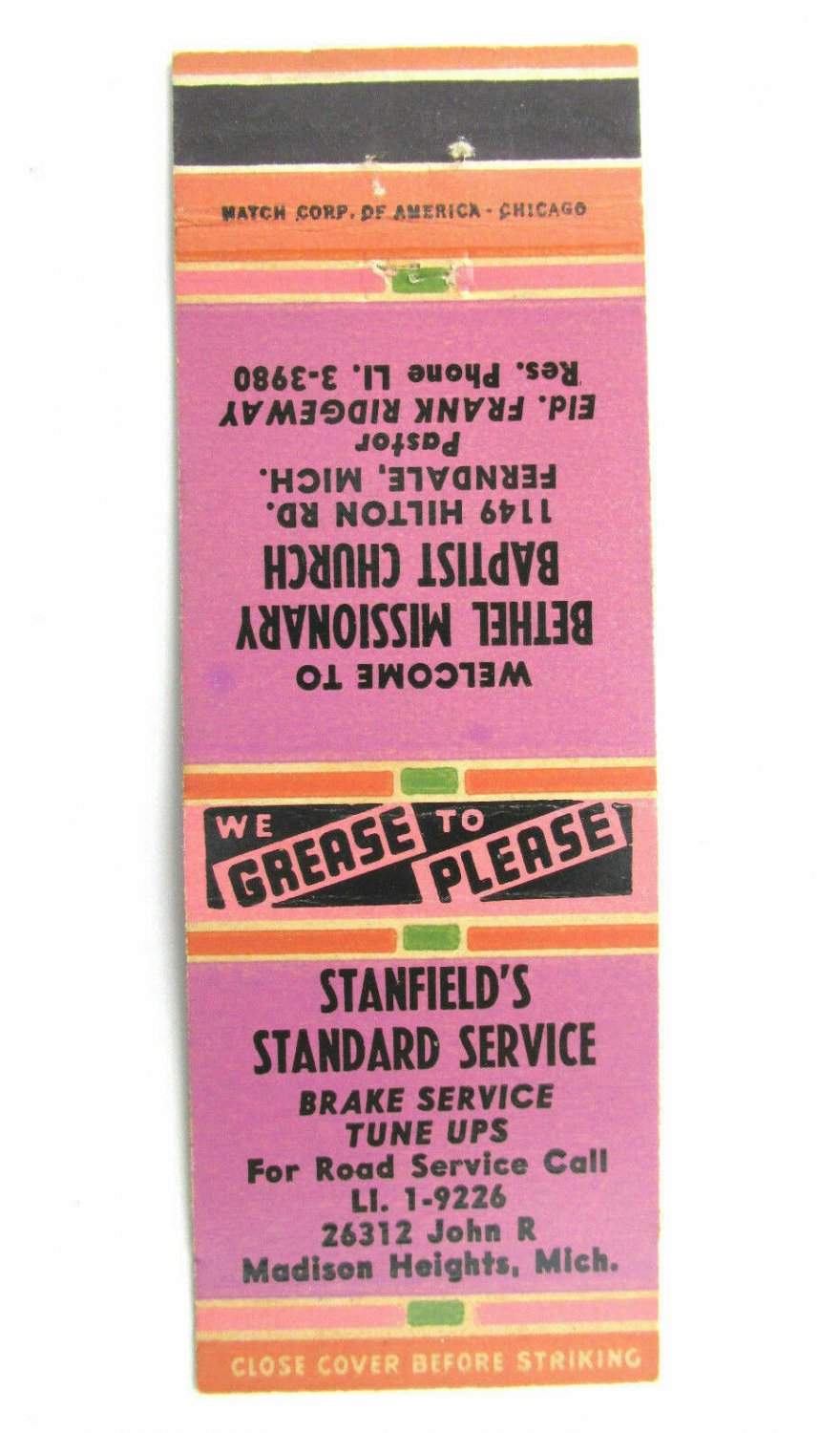 Stanfield's Standard Service - Madison Heights, Michigan Matchbook Cover Church