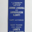 Lane's Esso Station - Yemassee, South Carolina Matchbook Cover Walterboro, SC