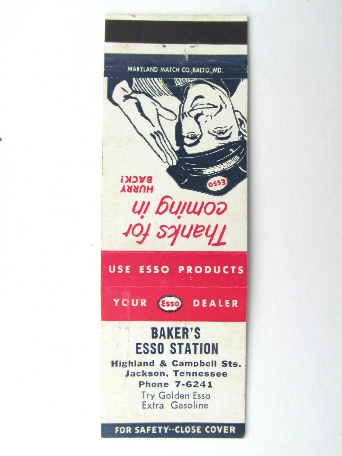 Baker's Esso Station - Jackson, Tennessee Service Station Matchbook Cover TN