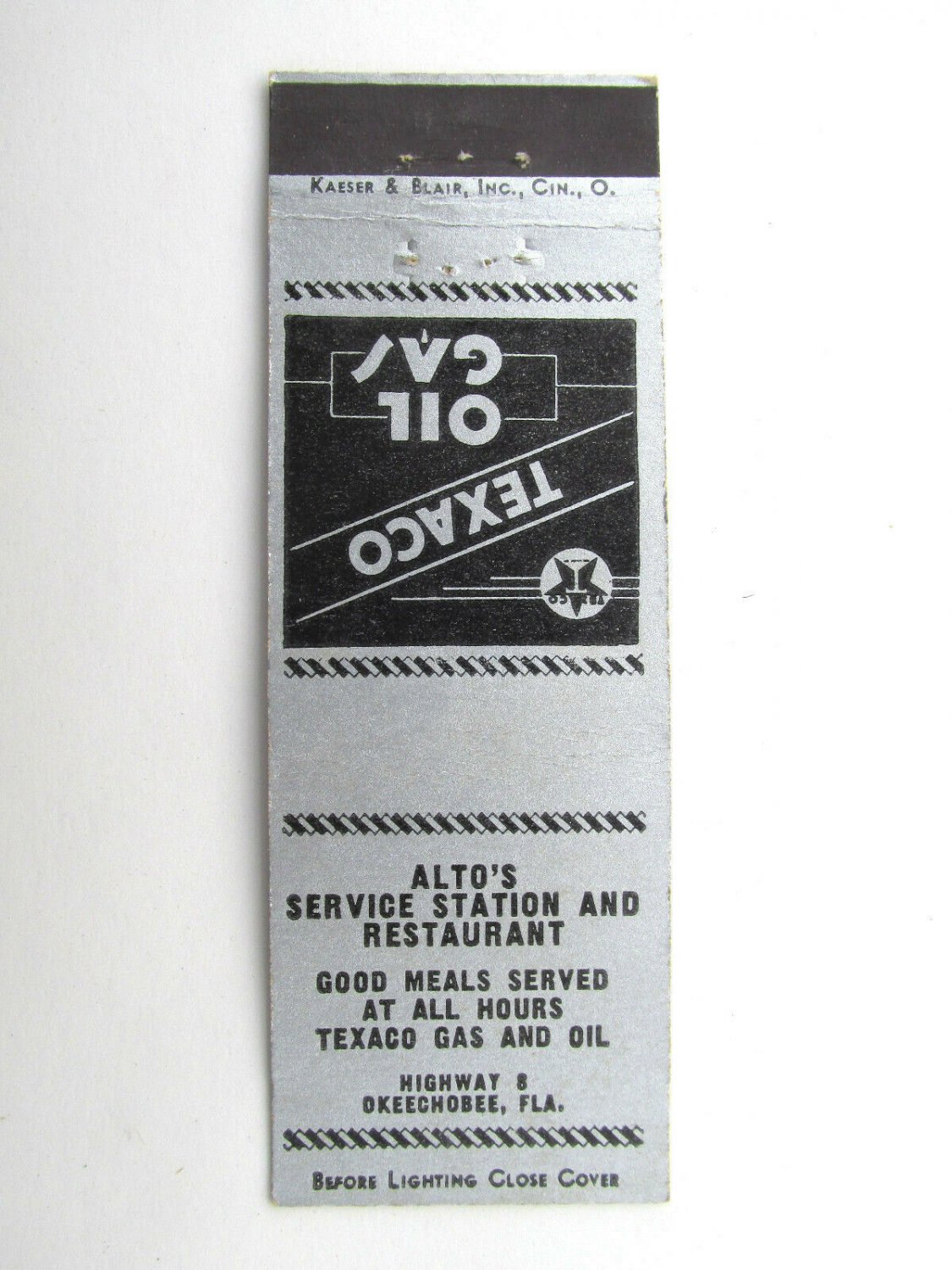 Alto's Service Station & Restaurant - Okeechobee, Florida Texaco Matchbook Cover