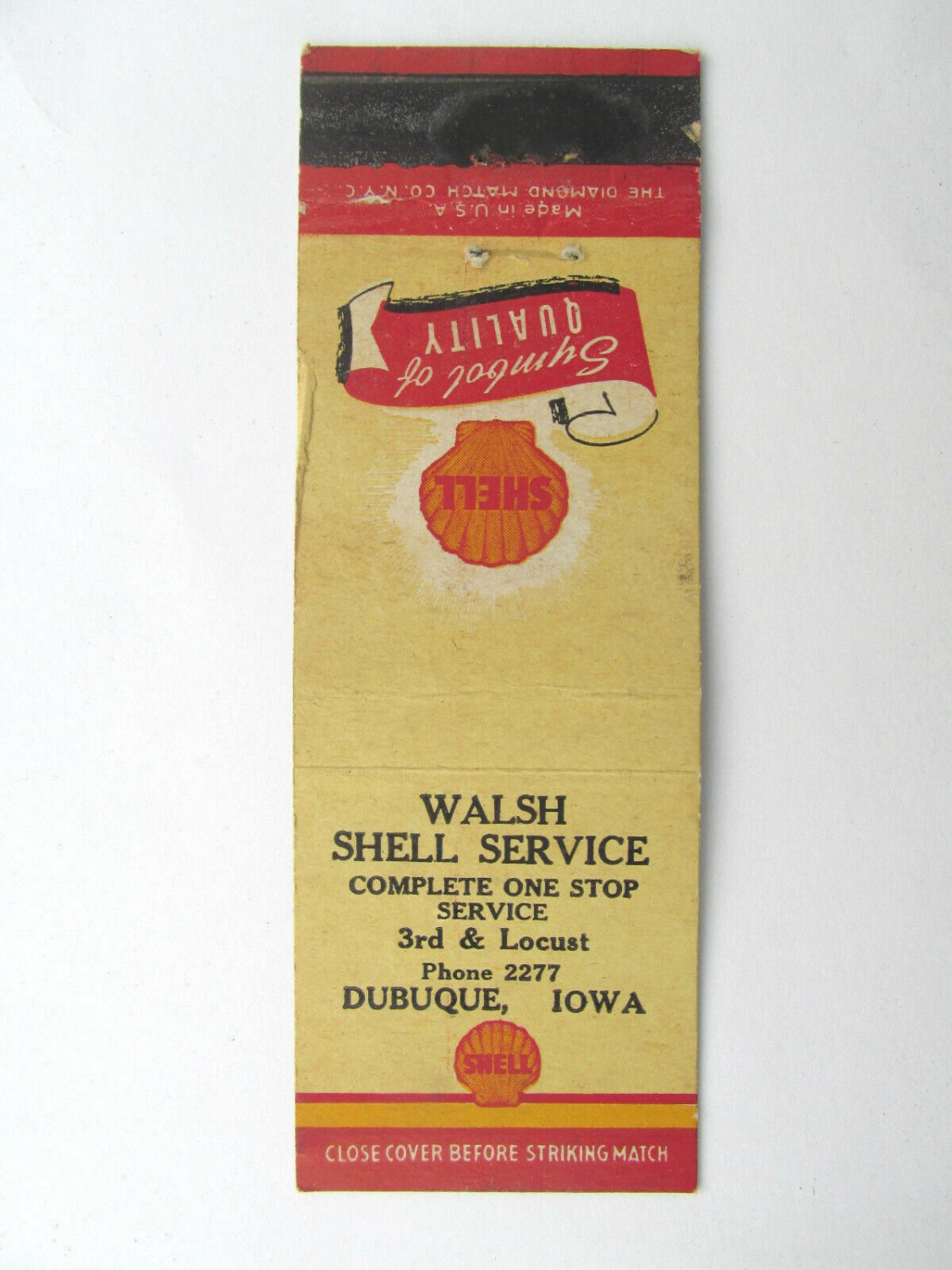 Walsh Shell Service - Dubuque, Iowa Station 20 Strike Matchbook Cover Matchcover