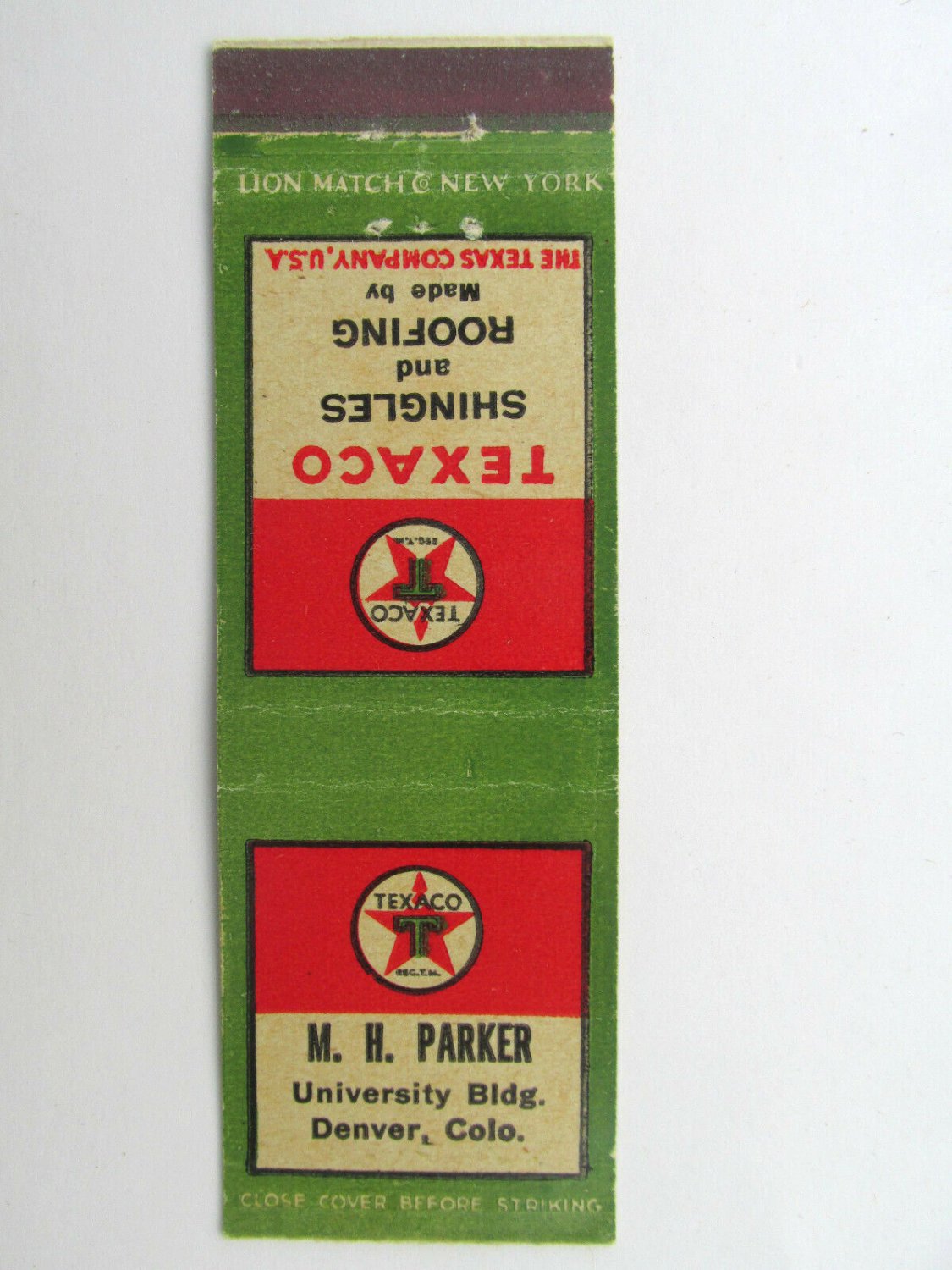 M.H. Parker Texaco Shingles/Roofing - Denver, Colorado 20 Strike Matchbook Cover