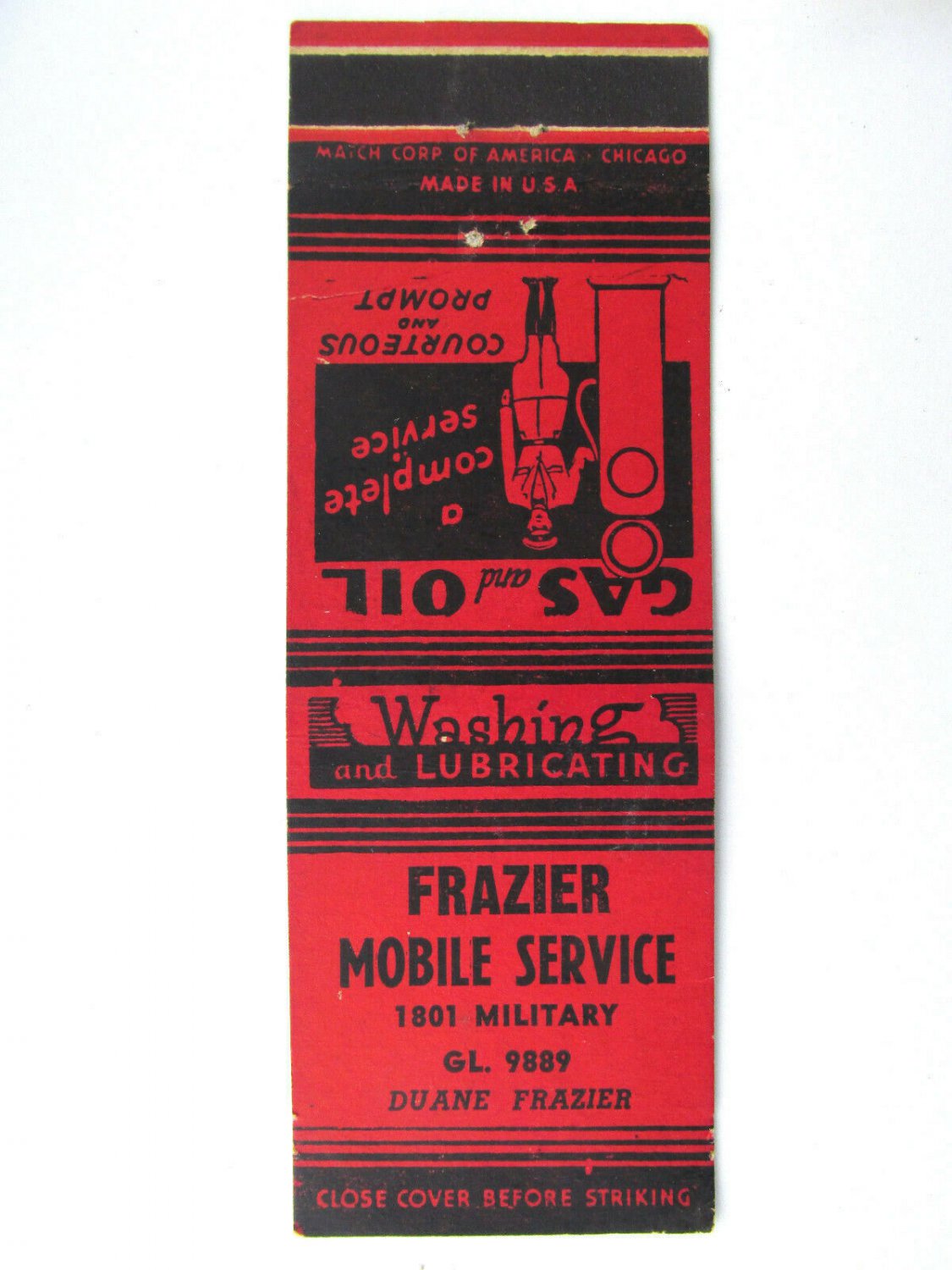 Frazier Mobile Service - Virginia Gas/Oil Station 20 Strike Matchbook Cover VA