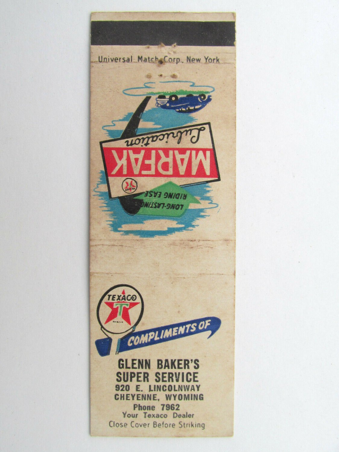 Glenn Baker's Super Service - Cheyenne, Wyoming Texaco Matchbook Cover Marfak WY