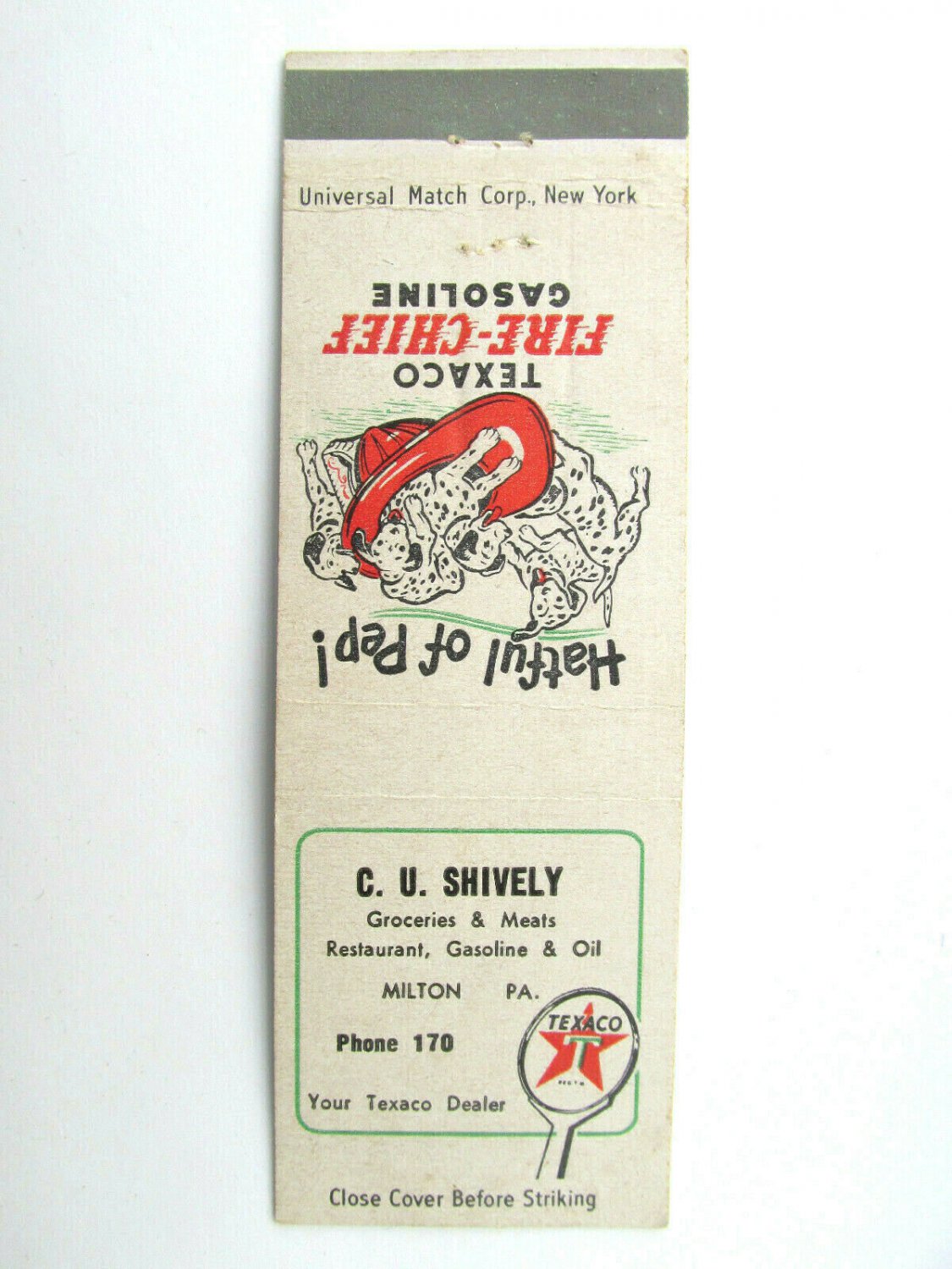 C.U. Shively - Milton, Pennsylvania Texaco Service Station Matchbook Cover PA