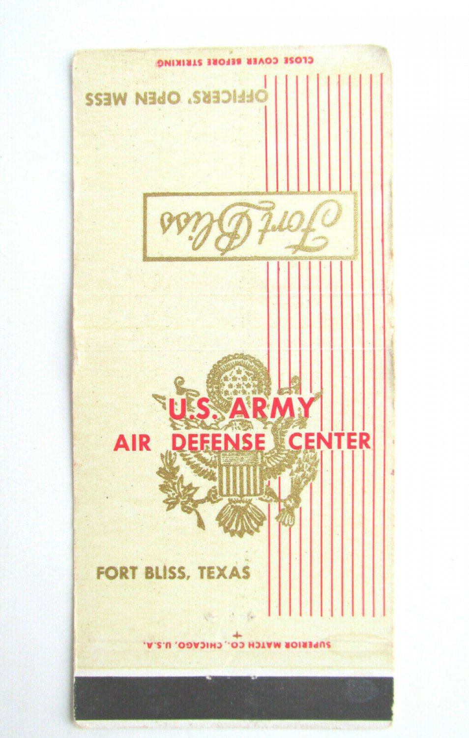 US Army Air Defense Center  Fort Bliss, Texas 30 Strike Military Matchbook Cover