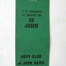 Navy Club of John Davis C.M.H. Rhode Island 20 Strike Military Matchbook Cover