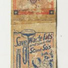 Save Waste Fats and Sock the So and So's 20 Strike Military Matchbook Cover Worn