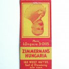 Zimmerman's Hungaria - New York City NY Restaurant 20 Strike Matchbook Cover