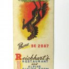Reichhart's Restaurant Alpine - Baltimore, Maryland 20 Strike Matchbook Cover MD Reichhart's Restaurant Alpine - Baltimore, Maryland 20 Strike Matchbook Cover MD