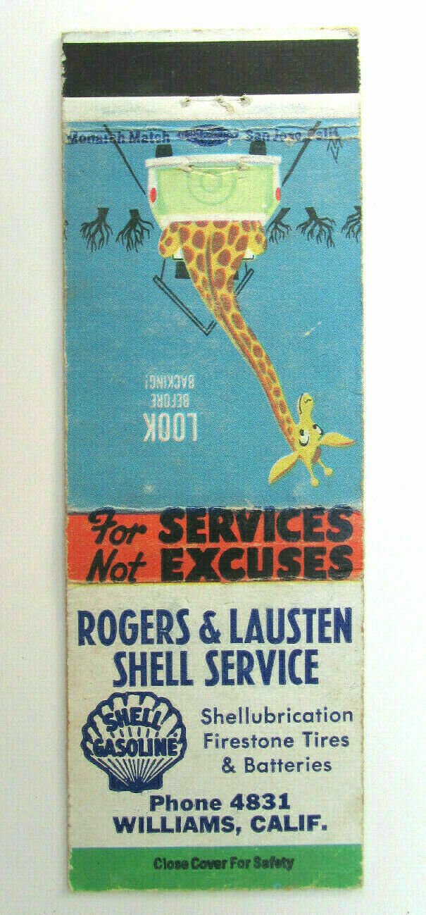 Rogers & Lausten Shell Service - Williams, California Station Matchbook Cover CA