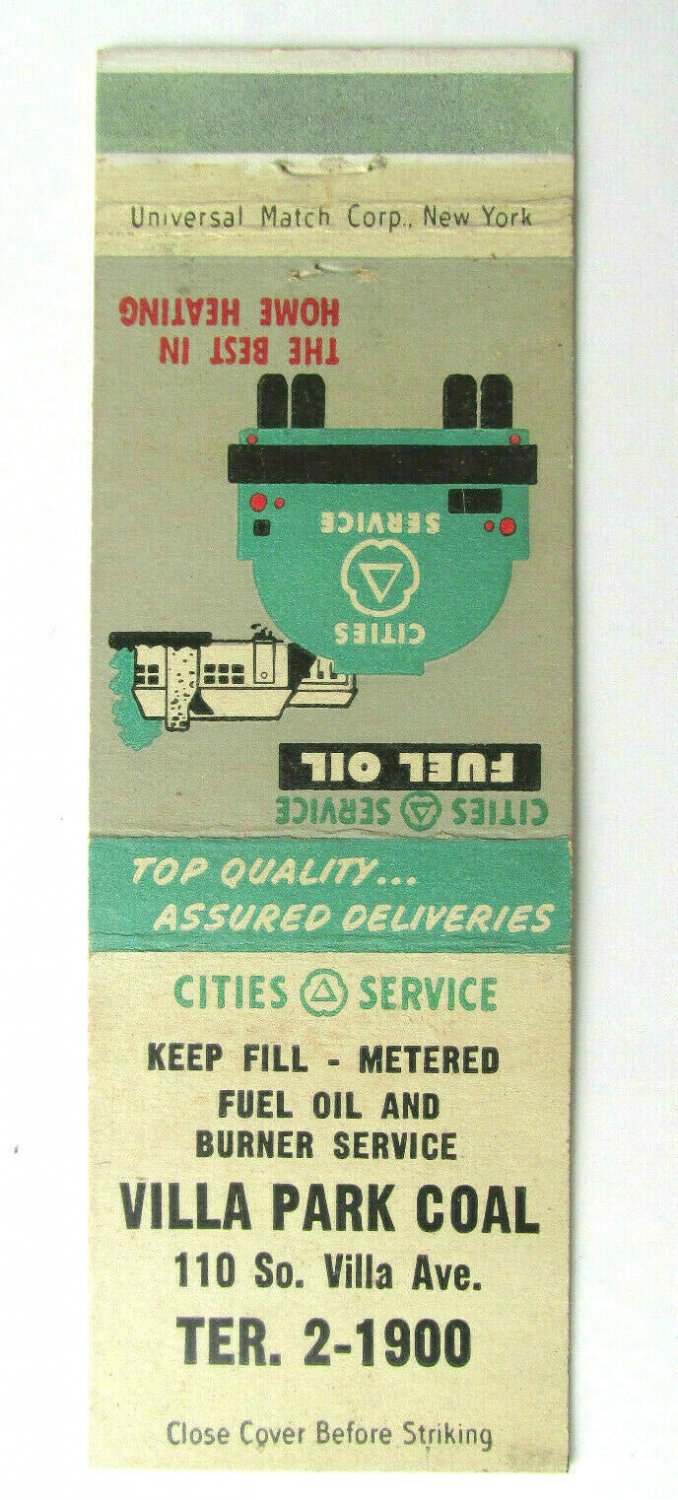 Villa Park Coal - Illinois Cities Service Fuel Oil 20 Strike Matchbook Cover IL