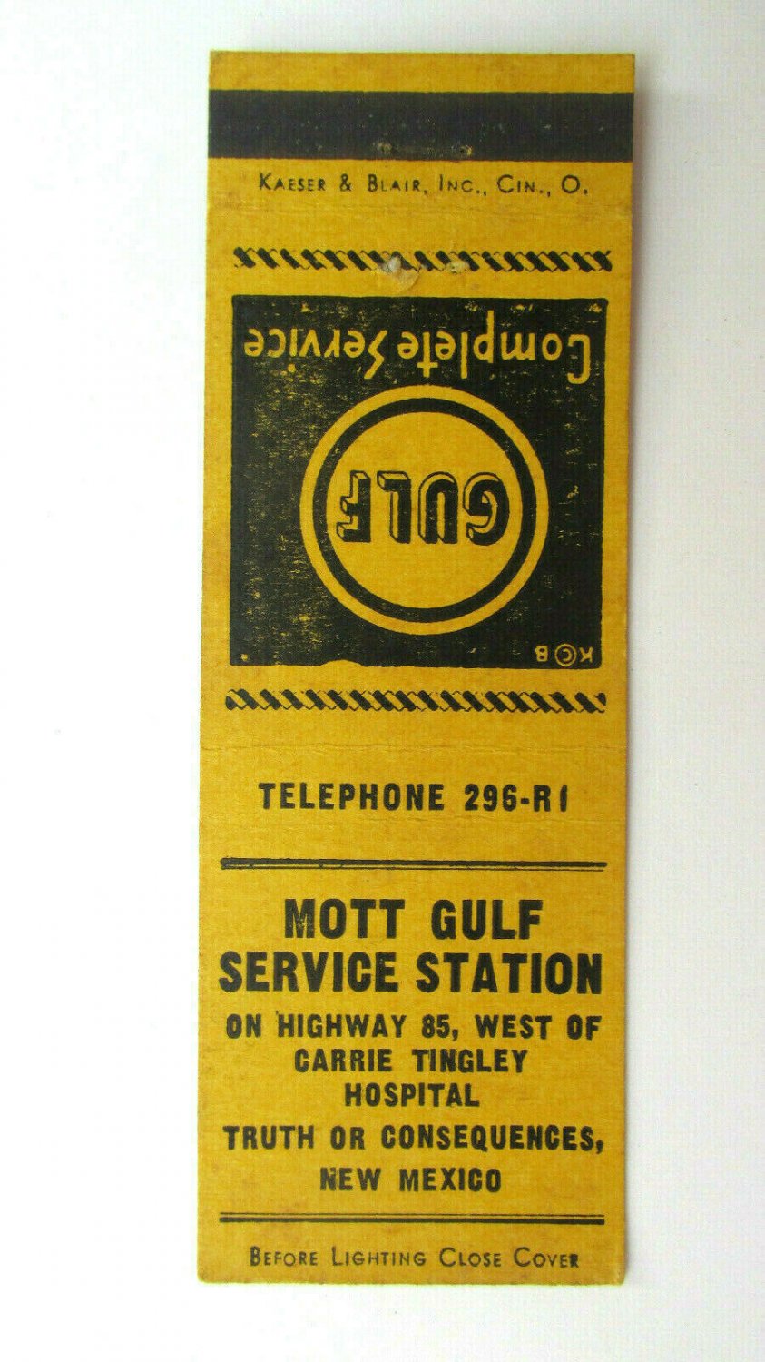Mott Gulf Service Station - Truth Or Consequences, New Mexico Matchbook Cover NM