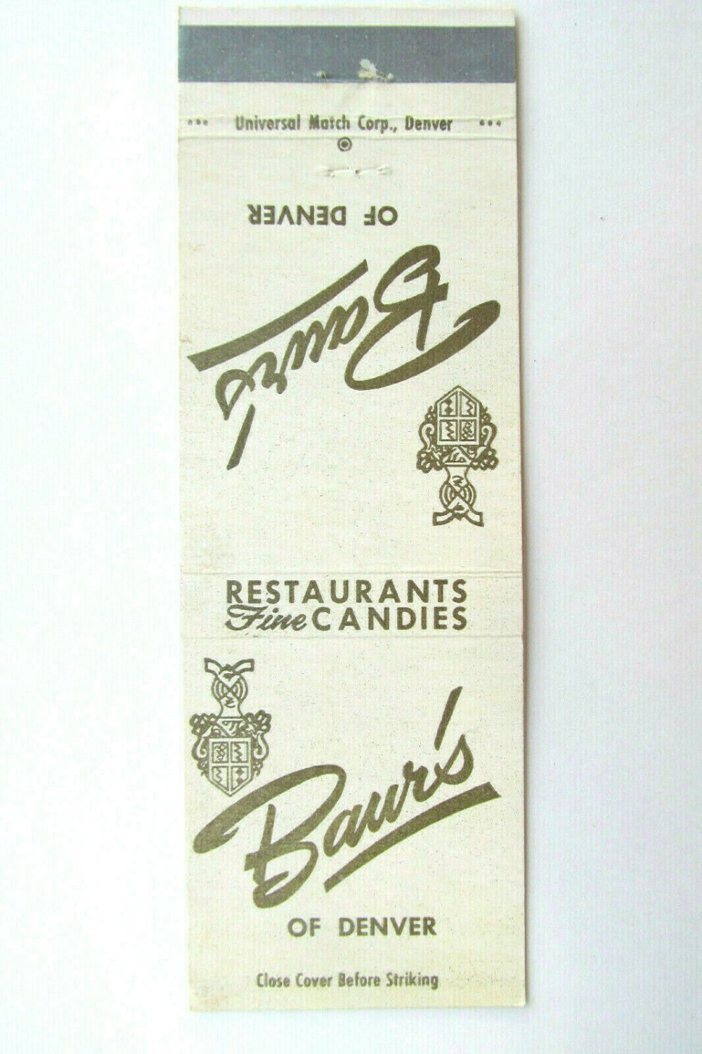 Baur's - Denver, Colorado Restaurant 20 Strike Matchbook Cover Fine Candies CO