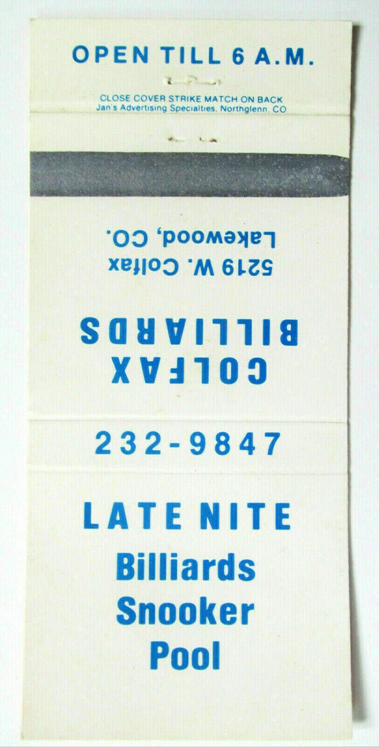 Colfax Billiards Lakewood, Colorado 30 Strike Matchbook Cover Snooker