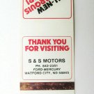 S&S Motors - Watford City, North Dakota Ford Dealer 20 Strike Matchbook Cover ND