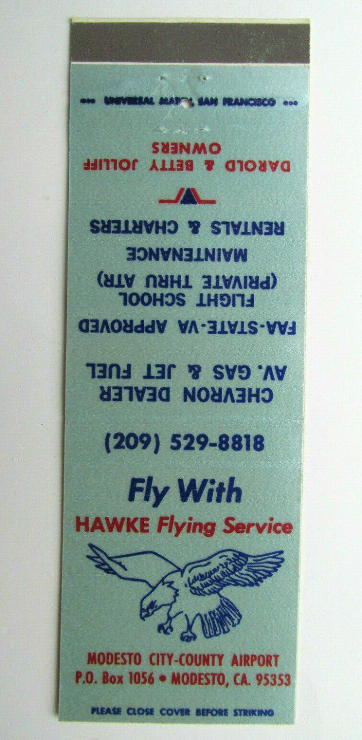 Hawke Flying Service - Modesto, CA City County Airport 20 Strike Matchbook Cover