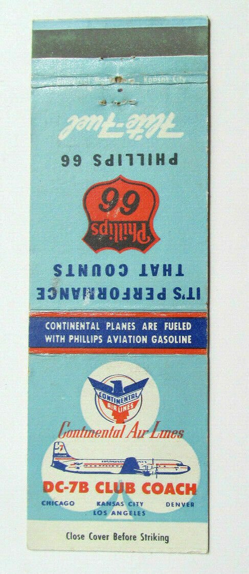 Continental Air Lines DC-7B Club Coach 20 Strike Airline Matchbook Cover Map