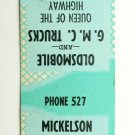Mickelson Motor Co. - Jamestown, North Dakota Oldsmobile GMC Matchbook Cover ND