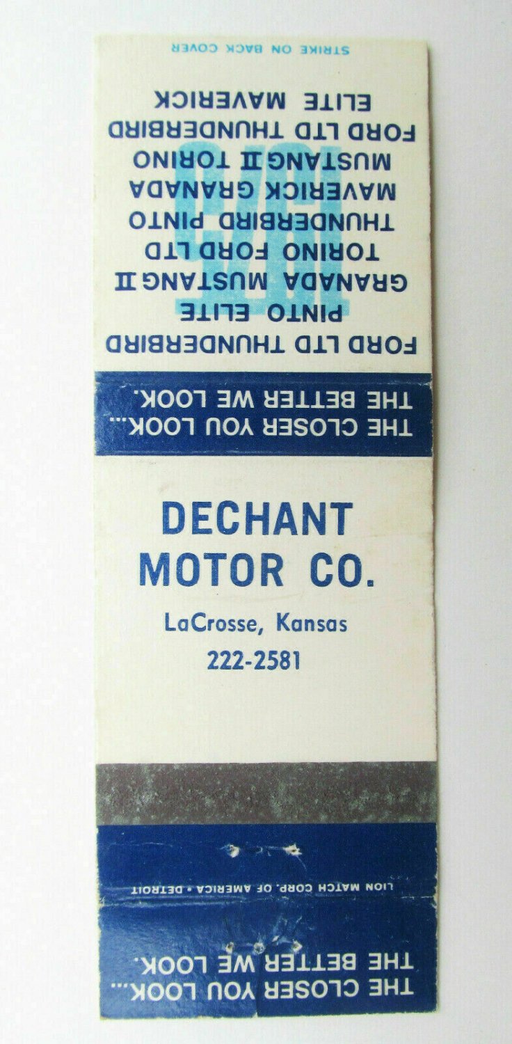 Dechant Motor Co. - LaCrosse, Kansas Ford Car Dealer 20 Strike Matchbook Cover