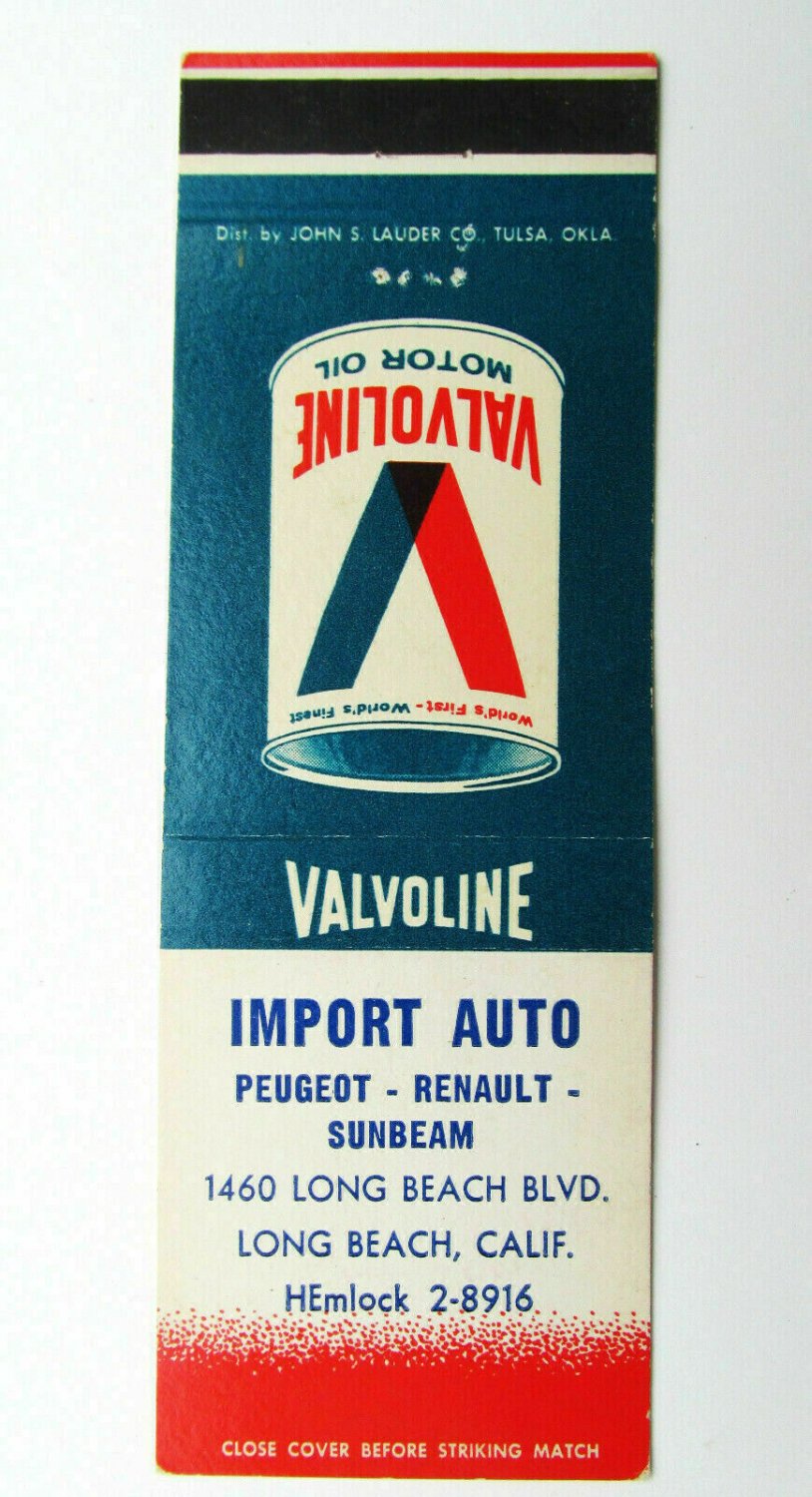 Import Auto - Long Beach, California Peugeot Car Dealer 20FS Matchbook Cover Oil