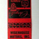 Widenhouse Motors  Concord, North Carolina Car Chrysler Plymouth Matchbook Cover